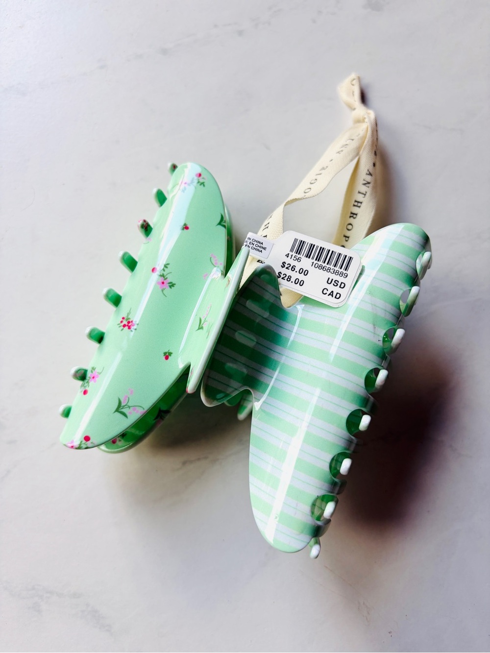 NWT Anthropologie Motif Claw Clips, Mint Green Floral, Set of 2 - Picture 2 of 4